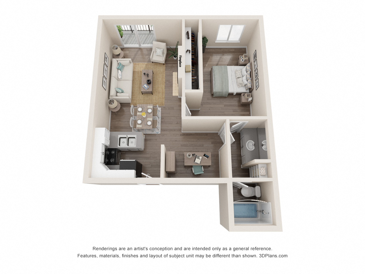 Floor plan for 1 bed, 1 bath, 850 sqft